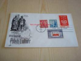1 000 Years of Polish Culture 1966 USA ensipäiväkuori FDC neljällä erilaisella postimerkillä mm. vuoden 1931 Kenraali Pulaski, vuoden 1933 Kenraali Kosciuszko