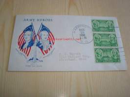 Army Heroes George Washington ja Nathaniel Greene 1936 USA ensipäiväkuori FDC kolmella postimerkillä