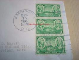 Army Heroes George Washington ja Nathaniel Greene 1936 USA ensipäiväkuori FDC kolmella postimerkillä