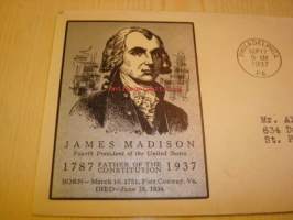 Presidentti James Madison U.S. Constitution 1937 USA ensipäiväkuori