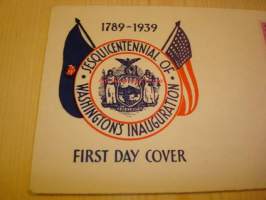 Presidentti George Washington Inauguration 1789-1939 USA ensipäiväkuori neljällä postimerkillä, harvinaisempi versio