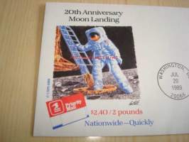 First Man on the Moon kuuhunlaskeutuminen 20th Anniversary 1969-1989 USA ensipäiväkuori FDC 2.40 Dollarin postimerkillä