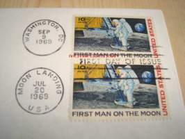 Apollo 11 First Man on the Moon 1969 USA ensipäiväkuori FDC kahdella postimerkillä