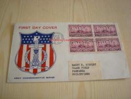 Army Commemorative Series Sisällissota, Sherman, Grant ja Sheridan 1937 USA ensipäiväkuori FDC neljällä postimerkillä, lähetetty Philippiineille, kuori on