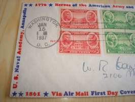 Heroes of the American Army and Navy 1937 USA ensipäiväkuori FDC kuudella postimerkillä