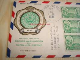 George Washington ja Nathaniel Greene Army Heroes 1936 USA ensipäiväkuori FDC kuudella postimerkillä