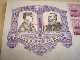 Heroes in the Civil War, sisällisota, Farragut ja Porter, 1937 USA ensipäiväkuori FDC neljällä postimerkillä