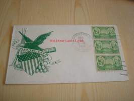 Army Heroes, Washington &amp; Greene 1937 USA ensipäiväkuori FDC kolmella postimerkillä
