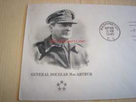 Kenraali Douglas MacArthur 1945 USA ensipäiväkuori FDC WWII, 2. maailmansota, harvinaisempi versio