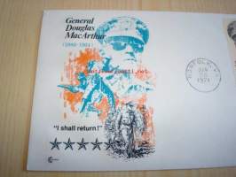 Kenraali Douglas MacArthur 1971 USA ensipäiväkuori FDC WWII, 2. maailmansota, neljällä postimerkillä