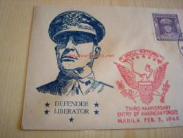 Kenraali Douglas MacArthur 1948 Philippiinit ensipäiväkuori FDC WWII, 2. maailmansota, harvinaisempi versio, kolmella erilaisella postimerkillä