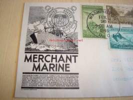 Merchant Marine 1946 USA ensipäiväkuori FDC, WWII, 2. maailmansota, viidelllä erilaisella postimerkillä