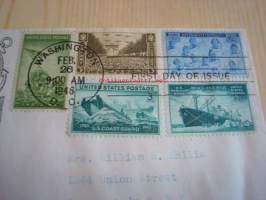 Merchant Marine 1946 USA ensipäiväkuori FDC, WWII, 2. maailmansota, viidelllä erilaisella postimerkillä