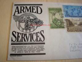 Armed Services 1946 USA ensipäiväkuori FDC, WWII, 2. maailmansota, viidelllä erilaisella postimerkillä