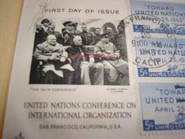 United Nations Conference on International Organization 1943 USA ensipäiväkuori FDC, WWII, 2. maailmansota, Churchill, Roosevelt, Stalin, kuudella postimerkillä