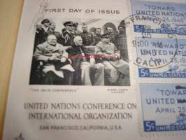 United Nations Conference on International Organization 1943 USA ensipäiväkuori FDC, WWII, 2. maailmansota, Churchill, Roosevelt, Stalin, kuudella postimerkillä
