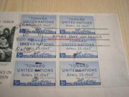 United Nations Conference on International Organization 1943 USA ensipäiväkuori FDC, WWII, 2. maailmansota, Churchill, Roosevelt, Stalin, kuudella postimerkillä