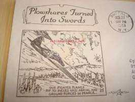 Plowshares Turned into Swords 1943 USA ensipäiväkuori FDC, WWII, 2. maailmansota, kahdella erilaisella postimerkillä