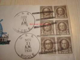 U.S.S. Biddle 1936 USA ensipäiväkuori FDC, kuudella postimerkillä