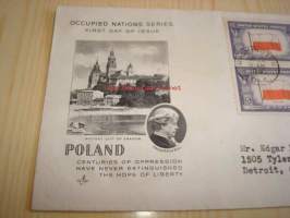 2. maailmansodan miehitetyt valtiot: Puola, 1943 USA ensipäiväkuori, WWII, Overrun Country, neljällä postimerkillä