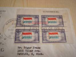 2. maailmansodan miehitetyt valtiot: Luxemburg, 1943 USA ensipäiväkuori, WWII, Overrun Country, neljällä postimerkillä