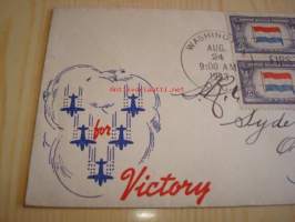 2. maailmansodan miehitetyt valtiot: Alankomaat, Hollanti, 1943 USA ensipäiväkuori, WWII, For Victory, Overrun Country, neljällä postimerkillä