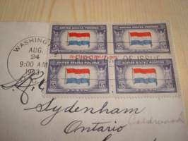 2. maailmansodan miehitetyt valtiot: Alankomaat, Hollanti, 1943 USA ensipäiväkuori, WWII, For Victory, Overrun Country, neljällä postimerkillä