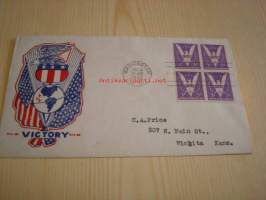 2. maailmansota, Victory, 1942, USA ensipäiväkuori, WWII, neljällä postimerkillä