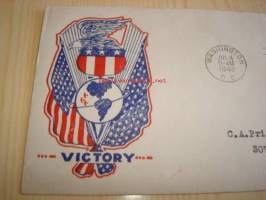 2. maailmansota, Victory, 1942, USA ensipäiväkuori, WWII, neljällä postimerkillä