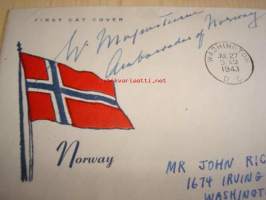 2. maailmansota, miehitetyt valtiot: Norja, 1943, USA ensipäiväkuori, WWII. Kuoressa Norjan suurlähettilään Wilhelm von Munthe Morgenstierne nimikirjoitus,
