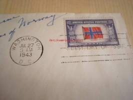 2. maailmansota, miehitetyt valtiot: Norja, 1943, USA ensipäiväkuori, WWII. Kuoressa Norjan suurlähettilään Wilhelm von Munthe Morgenstierne nimikirjoitus,