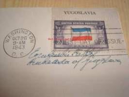2. maailmansota, miehitetyt valtiot: Jugoslavia, 1943, USA ensipäiväkuori, WWII. Kuoressa Jugoslavian suurlähettilään Constantin Fotitchin nimikirjoitus,
