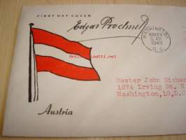 2. maailmansota, miehitetyt valtiot: Itävalta, 1943, USA ensipäiväkuori, WWII. Kuoressa Itävallan suurlähettilään Edgar Prochnikin nimikirjoitus, harvinainen.