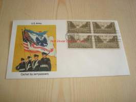 U.S. Army, 2. maailmansota, 1945, USA ensipäiväkuori, WWII, neljällä postimerkillä. Tätä kuorta on tehty vain tämä yksi ja ainoa kappale, elikkä ei toista