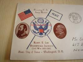Honoring U.S. Army Heroes, Robert E. Lee &amp; Stonewall Jackson, sisällisota, 1937, USA ensipäiväkuori, harvinaisempi versio.