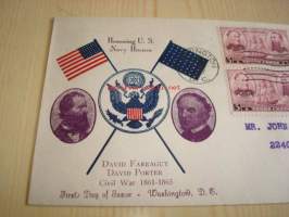 Honoring U.S. Navy Heroes, Farragut &amp; Porter, sisällisota, 1937, USA ensipäiväkuori, harvinaisempi versio.