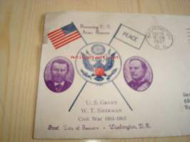 Honoring U.S. Army Heroes, Grant &amp; Sherman &amp; Sheridan, sisällisota, 1937, USA ensipäiväkuori, harvinaisempi versio.