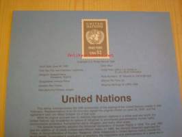 United Nations, Yhdistyneet Kansakunnat, Souvenir Page, postimerkillä ja ensipäiväleimalla, 1995, USA.