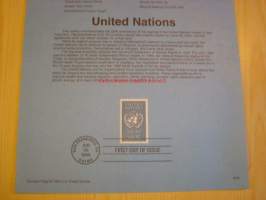 United Nations, Yhdistyneet Kansakunnat, Souvenir Page, postimerkillä ja ensipäiväleimalla, 1995, USA.