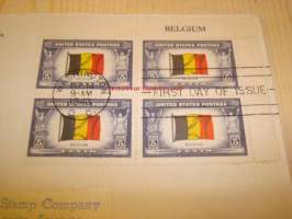 2. maailmansodan miehitetyt valtiot: Belgia, 1943 USA ensipäiväkuori, WWII, Overrun Country, neljällä postimerkillä