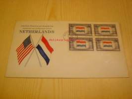 2. maailmansodan miehitetyt valtiot: Hollanti, 1943 USA ensipäiväkuori, WWII, Overrun Country, neljällä postimerkillä