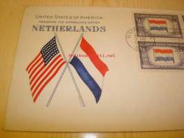 2. maailmansodan miehitetyt valtiot: Hollanti, 1943 USA ensipäiväkuori, WWII, Overrun Country, neljällä postimerkillä