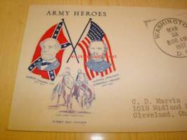 Army Heroes, Civil War, sisällisota, Robert E. Lee &amp; Stonewall Jackson, 1937 USA ensipäiväkuori, harvinaisempi versio.