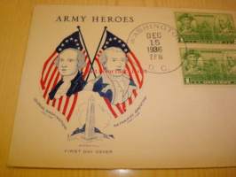 Army Heroes, Geoge Washington &amp; Nathaniel Greene, 1936 USA ensipäiväkuori, harvinaisempi versio.