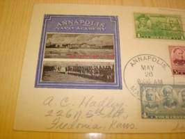Annapolis Naval Academy, Maryland, 1937 USA ensipäiväkuori, viidellä erilaisella postimerkillä, harvinaisempi versio.