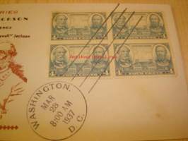 Army Series, Civil War, sisällissota, Lee &amp; T.J. Jackson, 1937 USA ensipäiväkuori, neljällä postimerkillä, harvinaisempi versio.