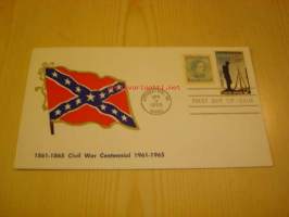 Civil War Centennial, sisällisota, Etelävaltioden lippu, 1965 USA ensipäiväkuori, kahdella postimerkillä, toinen sisällisodan aikainen Confederate States five