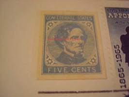 Civil War Centennial, sisällisota, Etelävaltioden lippu, 1965 USA ensipäiväkuori, kahdella postimerkillä, toinen sisällisodan aikainen Confederate States five