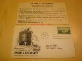 Presidentti Eisenhower Inauguration, 1953 USA ensipäiväkuori ja alkuperäinen kortti.