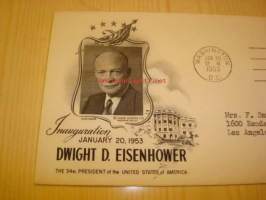 Presidentti Eisenhower Inauguration, 1953 USA ensipäiväkuori ja alkuperäinen kortti.